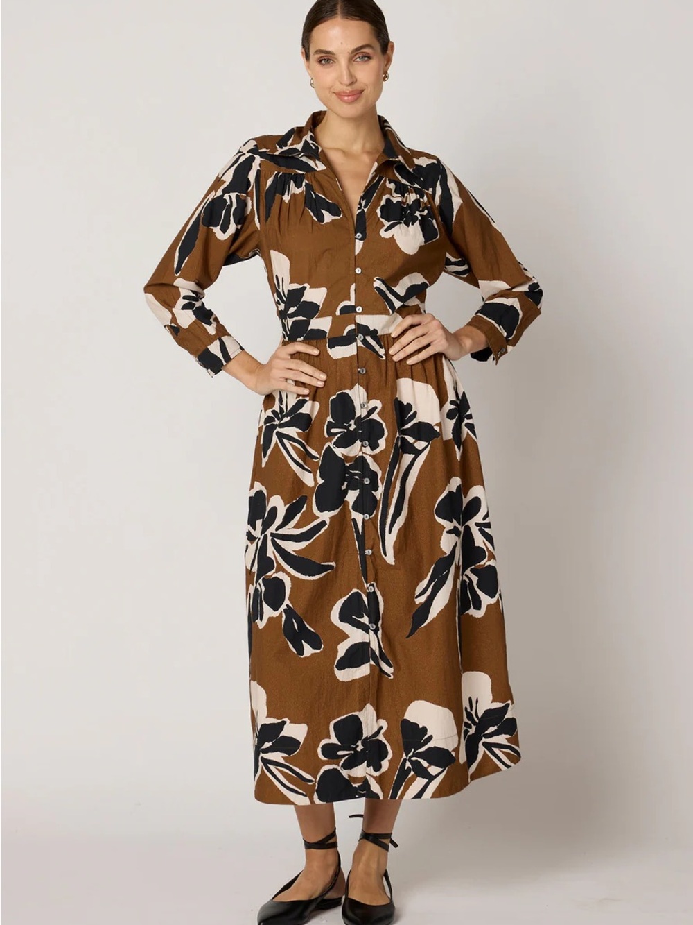 Cleobella Brown Floral Long-Sleeve Button Midi Dress